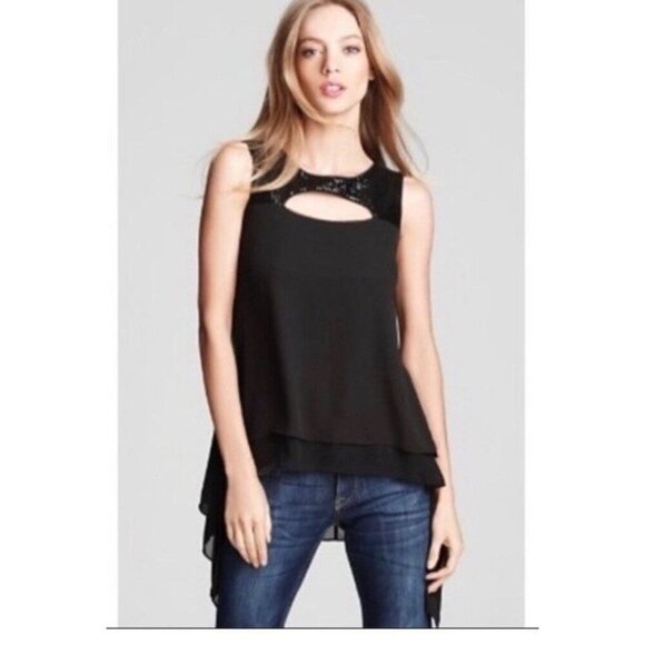 BCBGMaxAzria Bianca Top Black Chiffon & Sequined Eyelet, Blouse XXSmall - Picture 1 of 13